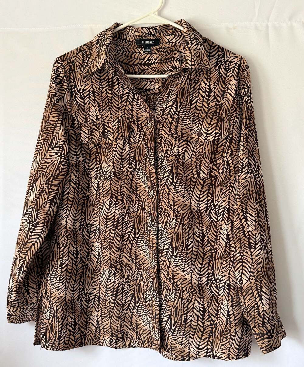 Elementz Women's Brown and Tan Animal Print Long Sleeve Button-Down Blouse Sz M